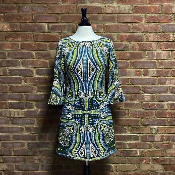 New York & Company Olive Print Bell Sleeve Dress Size Small - Picture 2 of 7